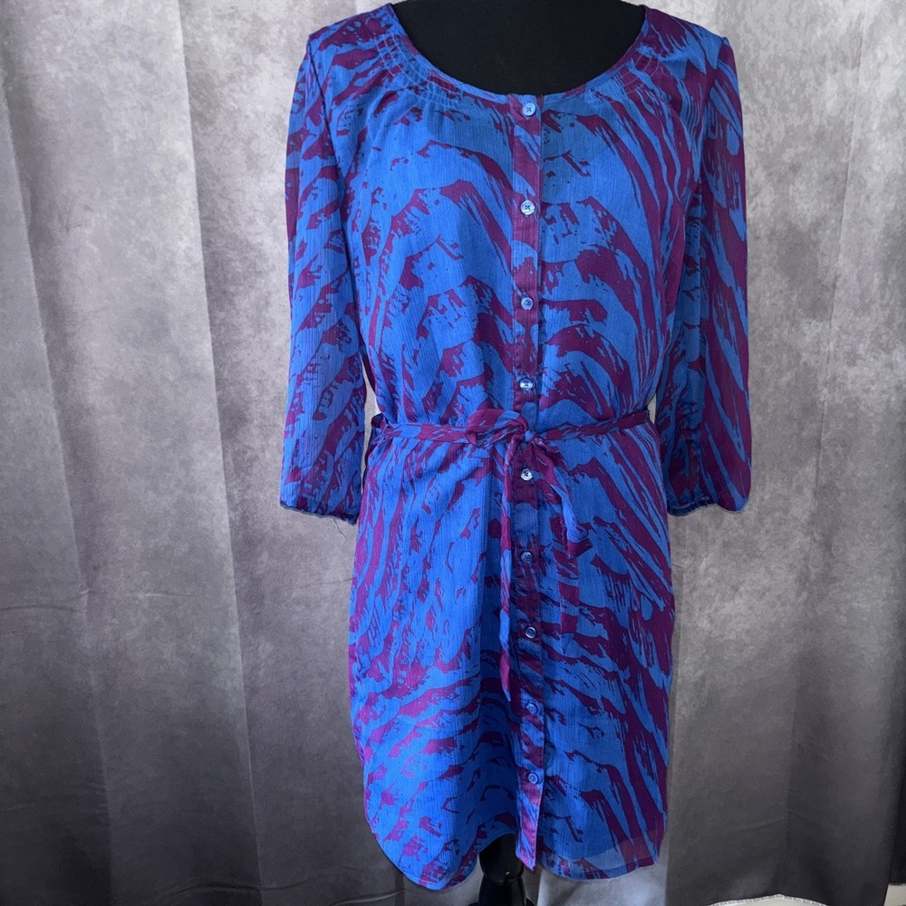 Express Shirt Dress Small Blue Purple Zebra Sheer Chiffon Midi Tie Silky Slip